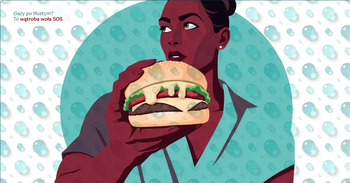 Ilustracja osoby jedzącej tłustego burgera, symbolizującej problem gazów po tłustym posiłku i powiązanych z nimi problemów z wątrobą